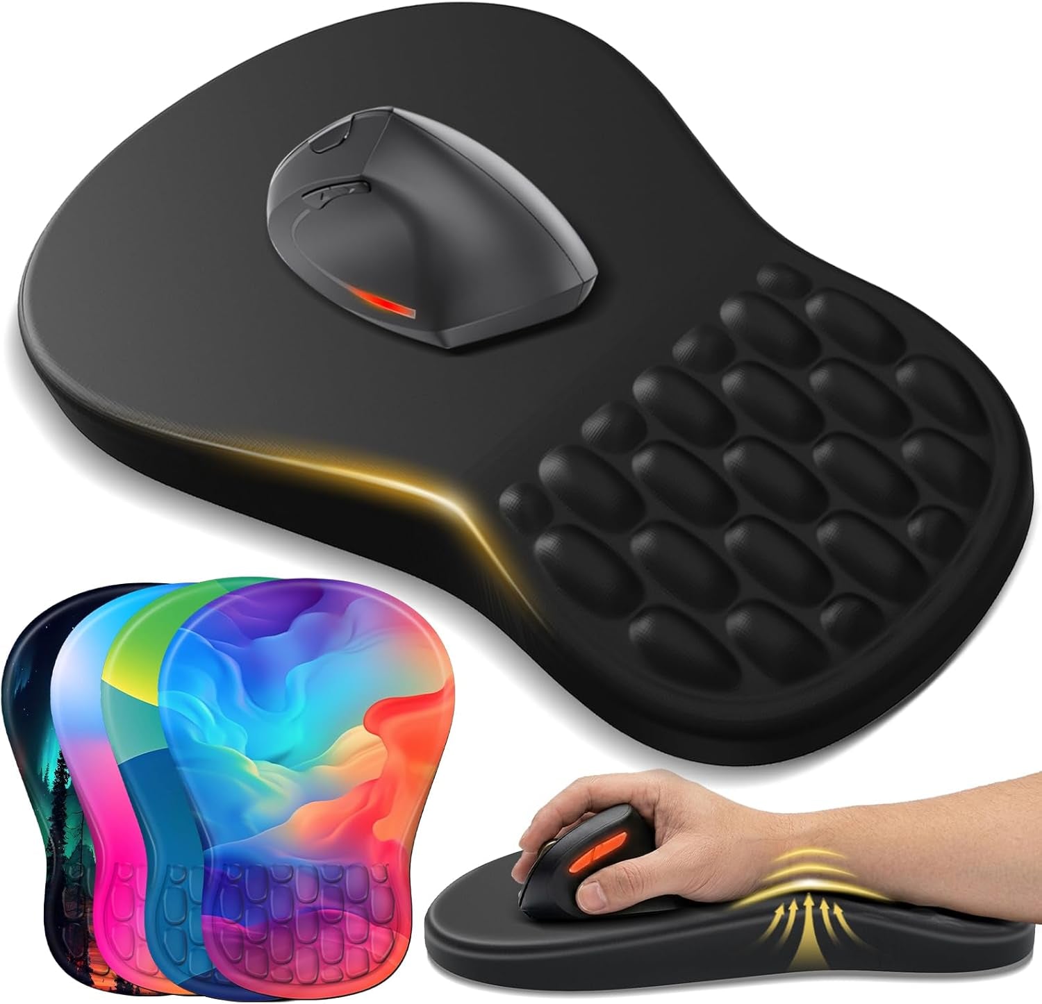 Ergonomic Mouse Pad with Wrist Rest for Carpal Tunnel Pain Relief | Memory Foam Wrist Support,Non-Slip Rubber Base, Keyboard Computer Mousepad,Lycra Cloth Surface,Gaming Home Office,Black